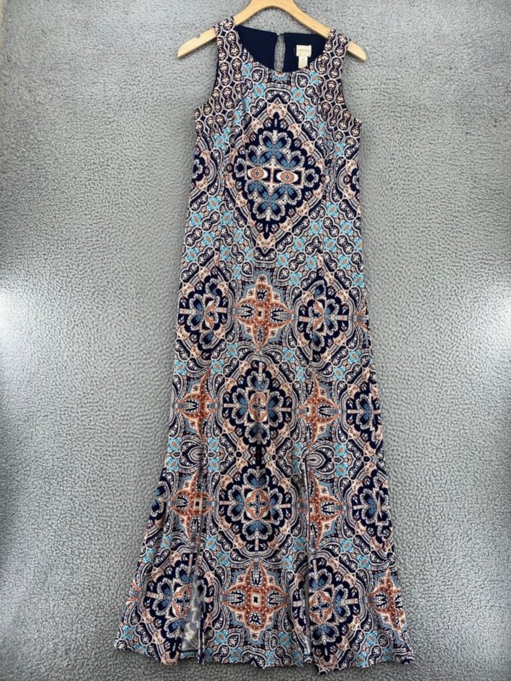 Chicos Dress Women 0 US 4 Fancy Feather Medallion Navy Gold Maxi Sleeveless Knit